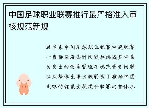 中国足球职业联赛推行最严格准入审核规范新规